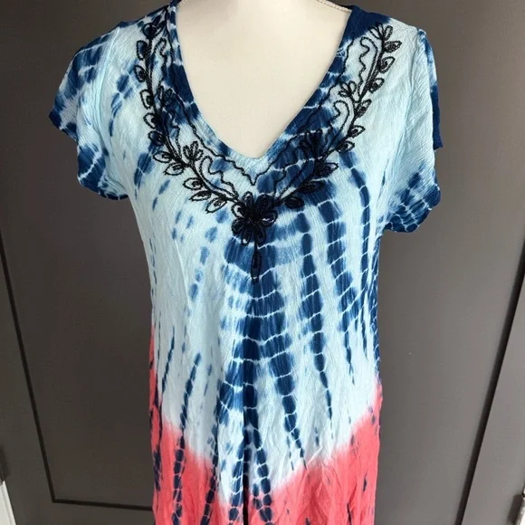Seven Islands Chic V-Neck Tie-Dye Maxi Dress One Size 100% Rayon - Picture 6 of 7